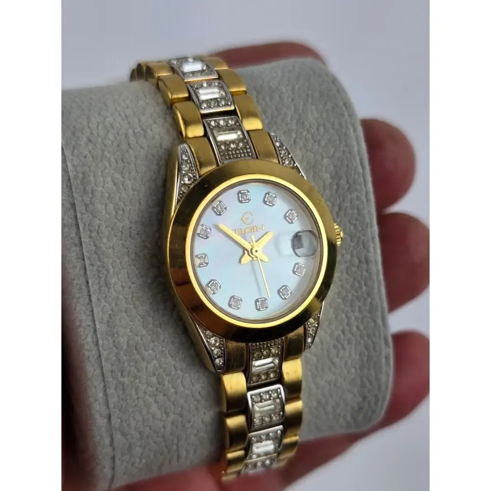 Elgin EG145 Women's Gold tone Mother Pearl Dial w/ Date & Crystals band -Running